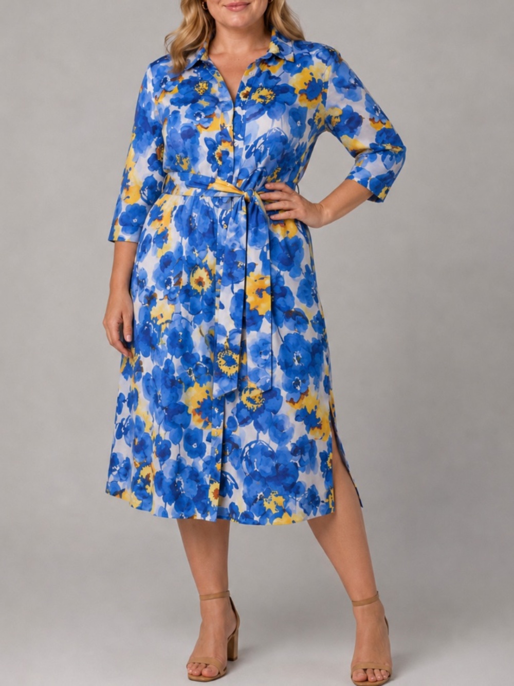 NWT Julia Jordan Midi Shirt Dress Belted Poplin Cotton Vibrant Blue Yellow Print